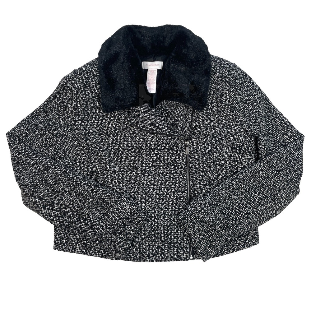 Covington Houndstooth Check Removable Fake Fur Collar Zip Up Short Jacket 10